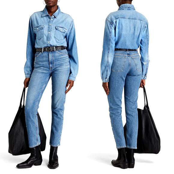 RE/DONE 70s High Rise Studded Moon Wash Straight Leg Jeans Size 29 EUC - Picture 2 of 11